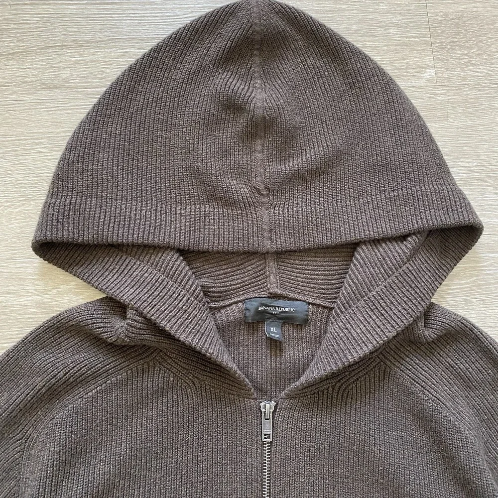 Banana Republic Ribbed Knit Full Zip Hoodie Men's XL Brown Minimal Cotton Blend